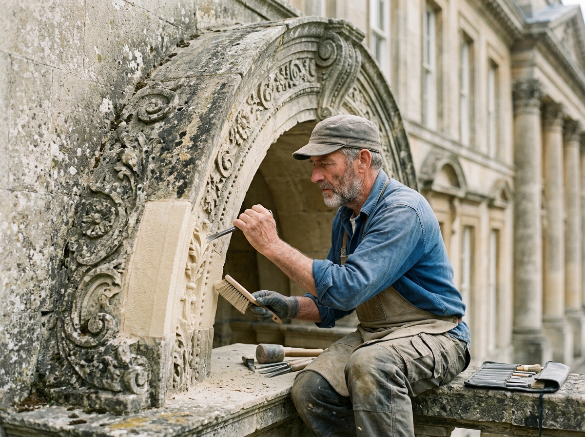 Master stonemason restoring historic limestone facade archway