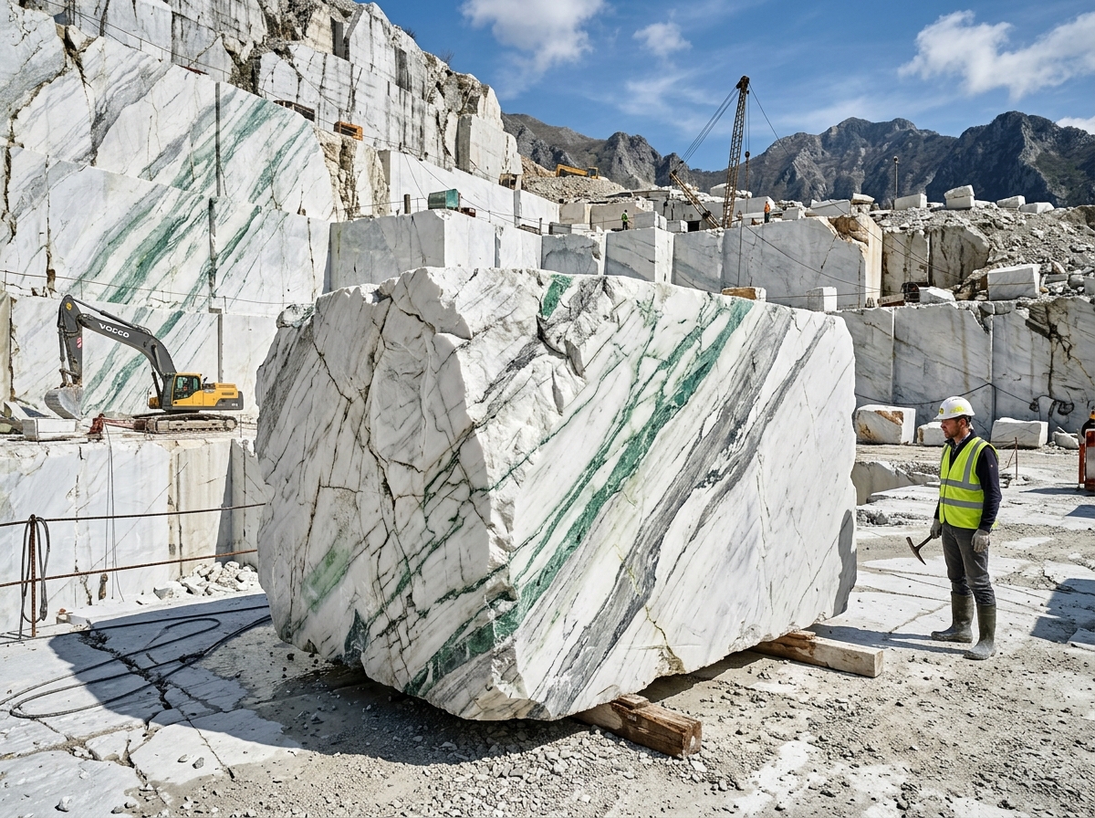 Raw white marble block at local quarry