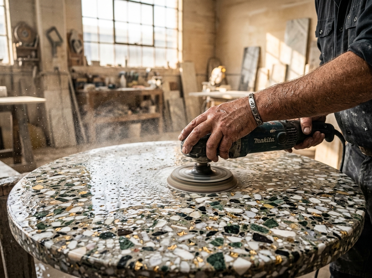 Artisan hand polishing terrazzo circular stone